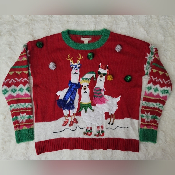 It's Our Time 3 Llama Holiday Red/White/Green Sweater Women Size Small - Picture 1 of 3